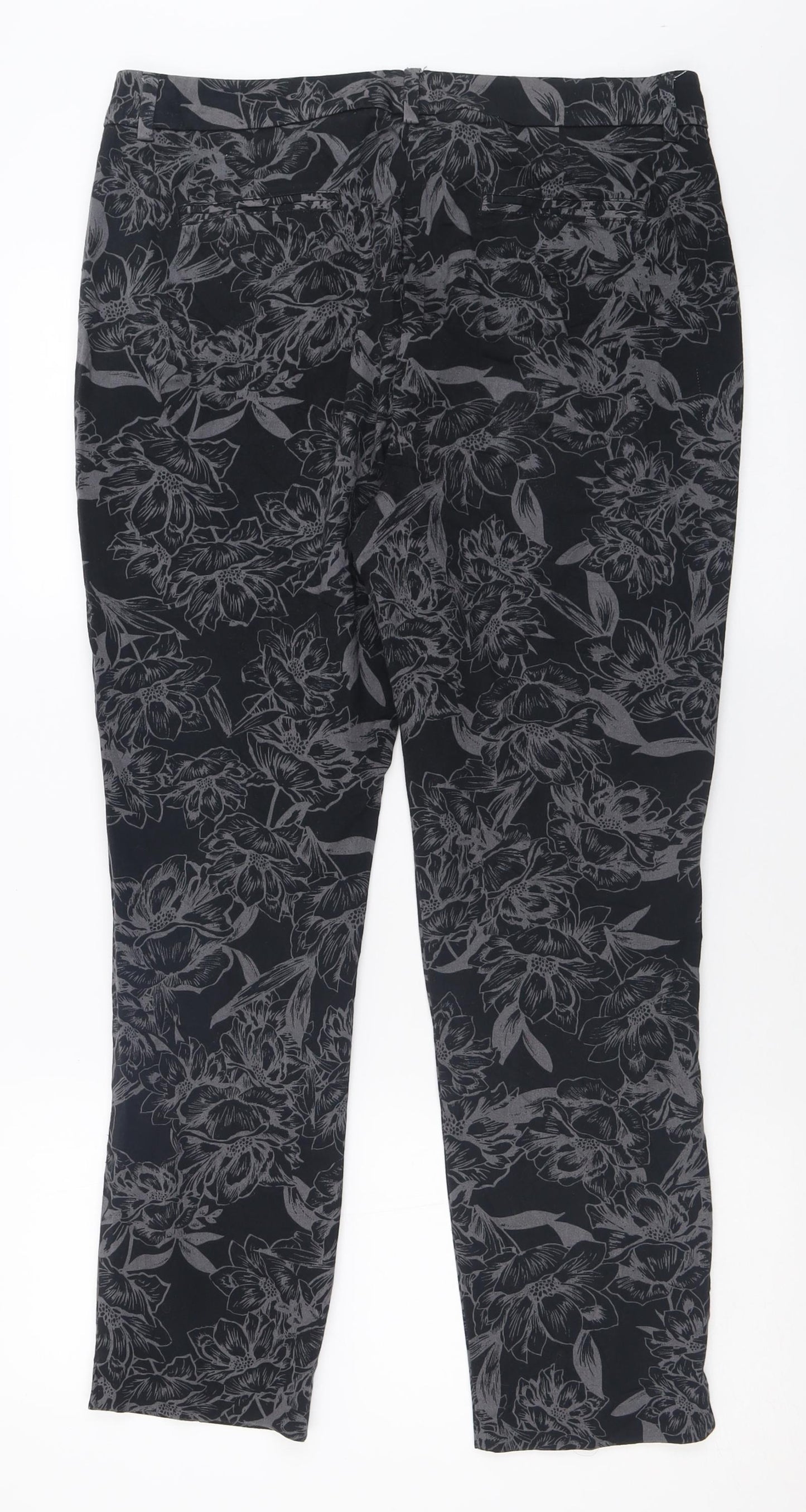 Per Una Womens Black Geometric Cotton Trousers  Size 14 L28 in Regular Hook & Eye
