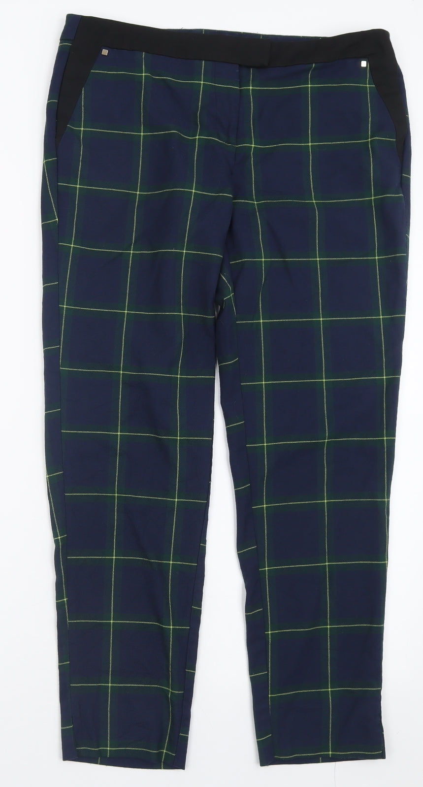 River Island Womens Blue Plaid Polyester Trousers  Size 14 L28 in Regular Hook & Eye
