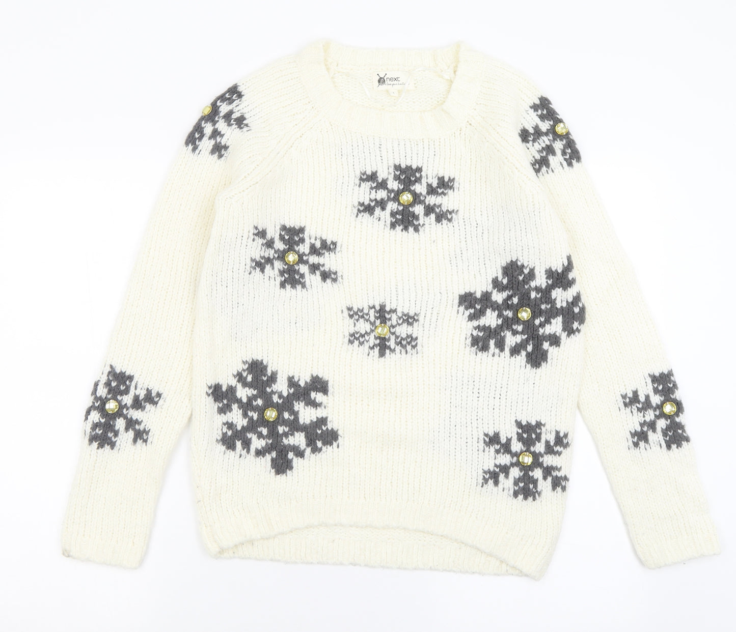 NEXT Womens Ivory Crew Neck Geometric Acrylic Pullover Jumper Size 8   - Snow Flakes
