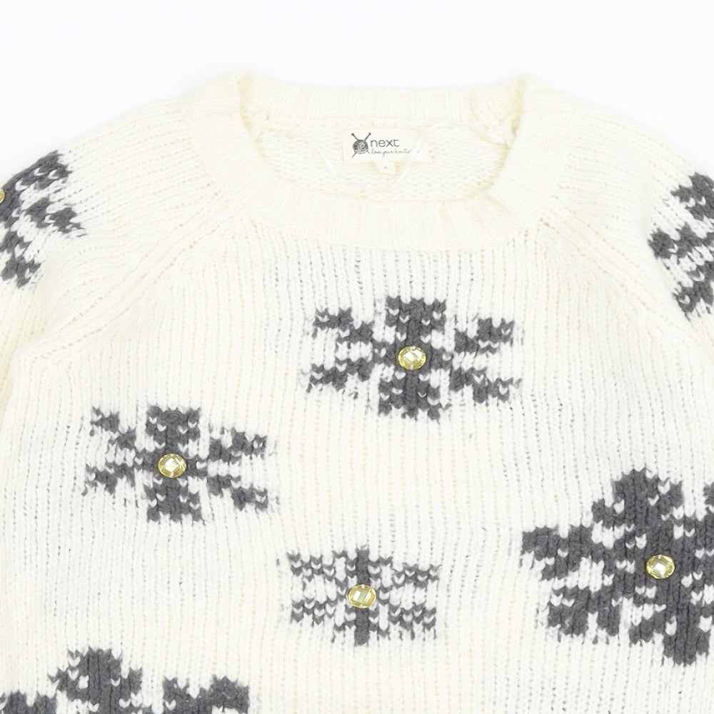 NEXT Womens Ivory Crew Neck Geometric Acrylic Pullover Jumper Size 8   - Snow Flakes