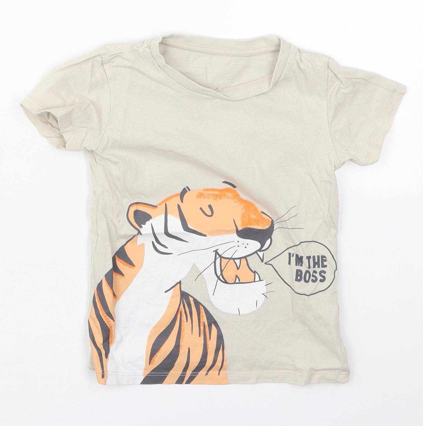 Dunnes Boys Beige  Cotton Basic T-Shirt Size 3-4 Years Crew Neck Pullover - Tiger I'm The Boss