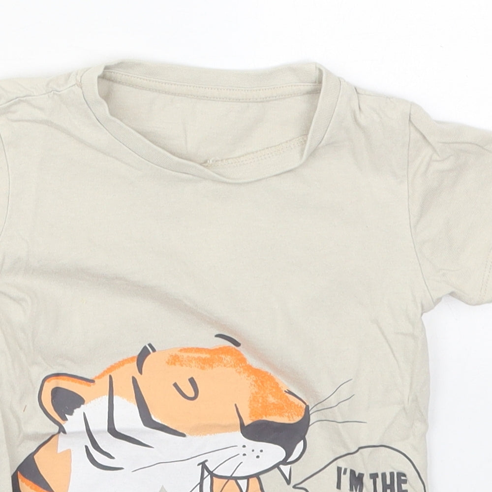 Dunnes Boys Beige  Cotton Basic T-Shirt Size 3-4 Years Crew Neck Pullover - Tiger I'm The Boss
