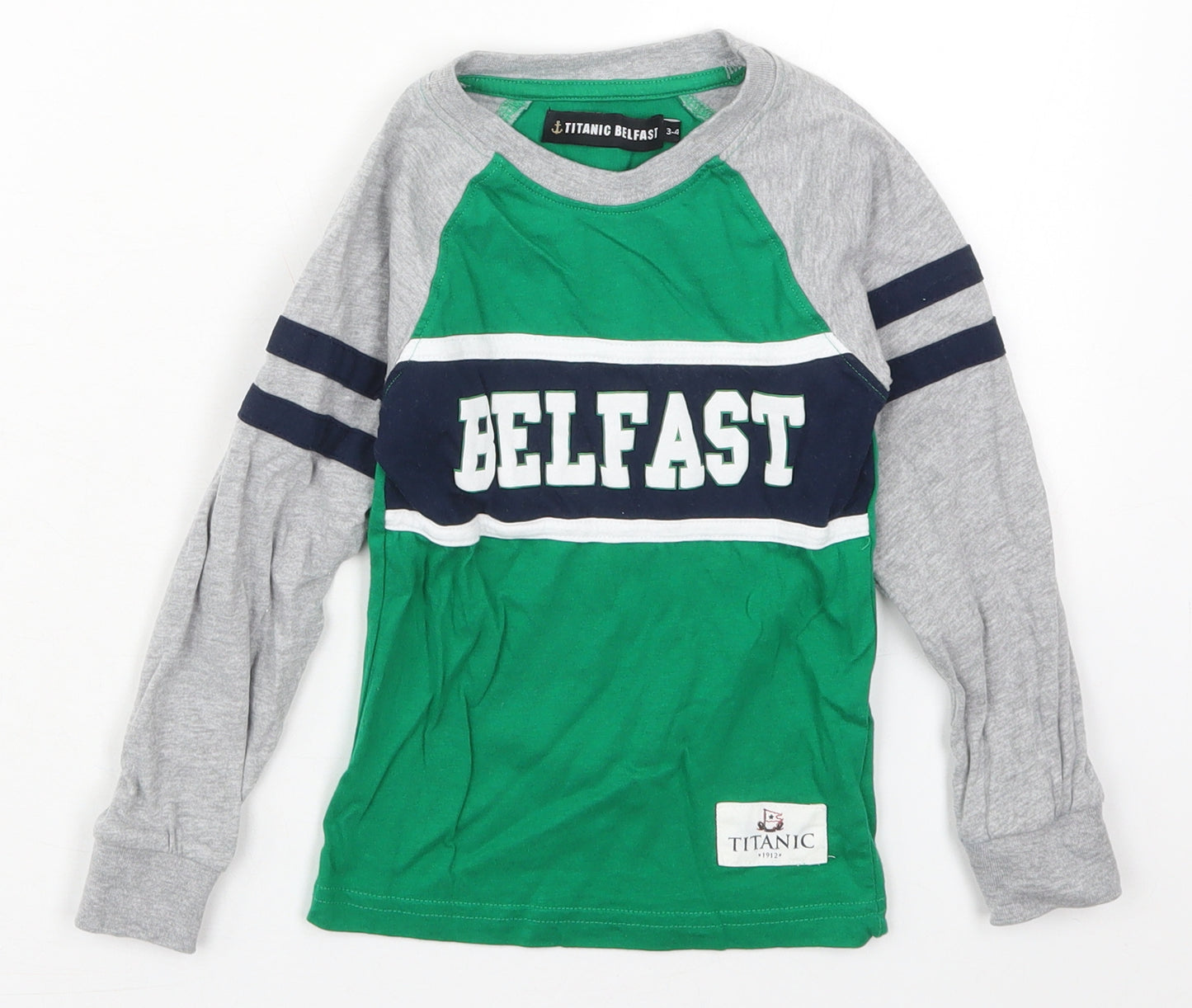 Titanic Belfast Boys Green Striped Cotton Basic T-Shirt Size 3-4 Years Crew Neck Pullover - Belfast