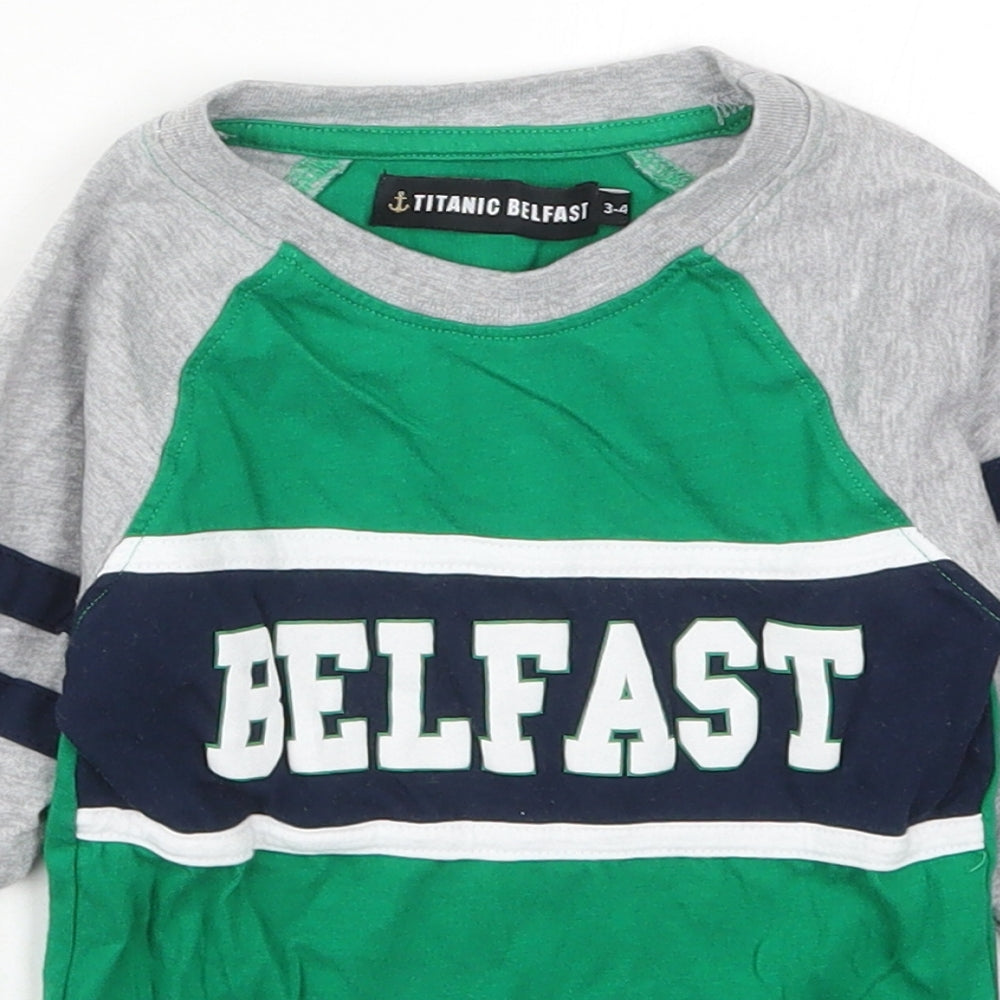 Titanic Belfast Boys Green Striped Cotton Basic T-Shirt Size 3-4 Years Crew Neck Pullover - Belfast