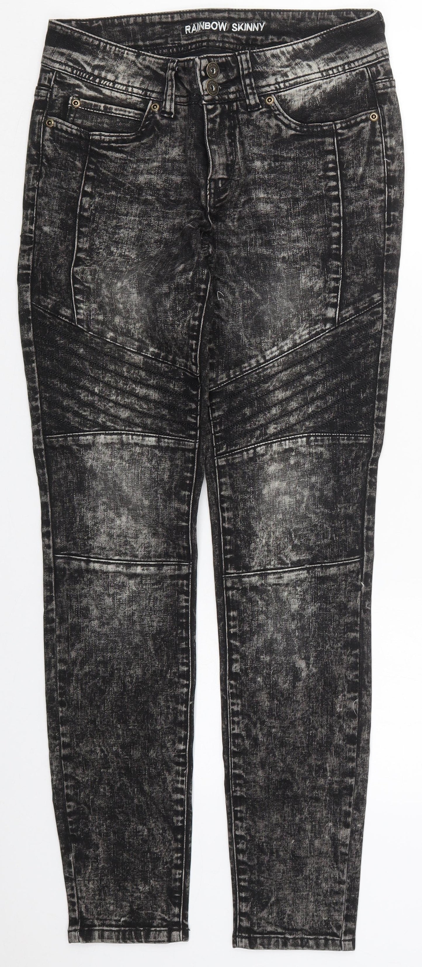 Rainbow Womens Black  Cotton Skinny Jeans Size 10 L31 in Regular Button - Acid Wash