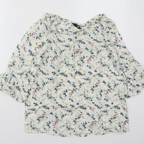Fig Womens White Floral Cotton Basic Blouse Size S Boat Neck