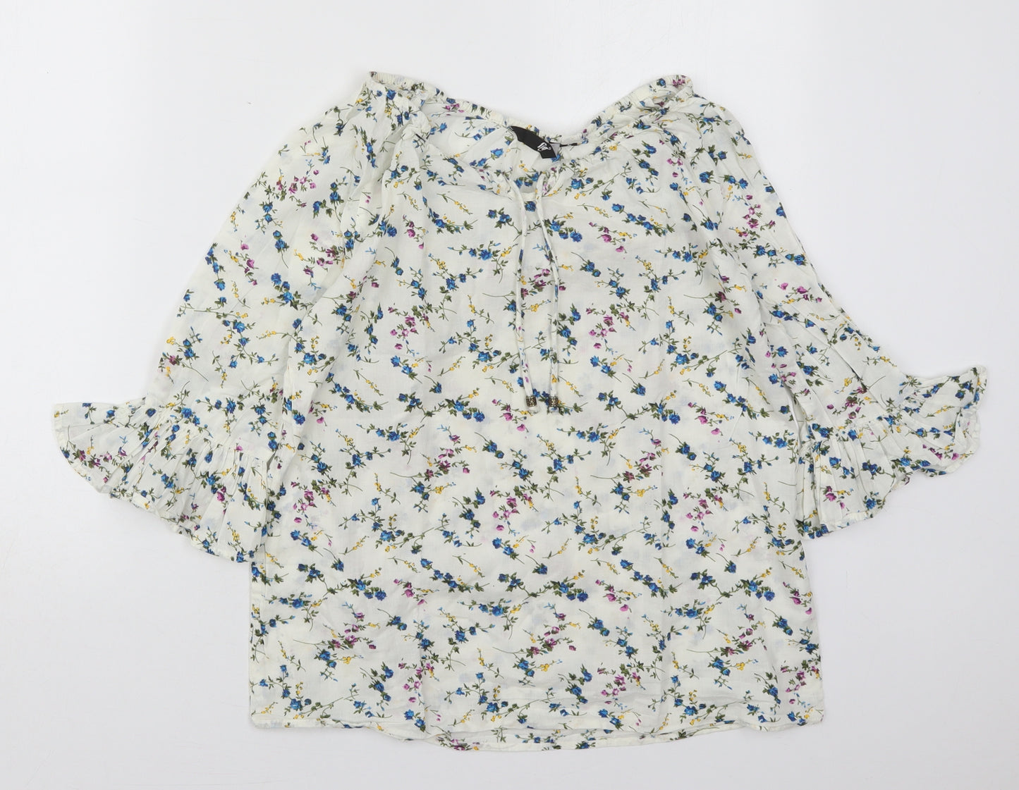 Fig Womens White Floral Cotton Basic Blouse Size S Boat Neck