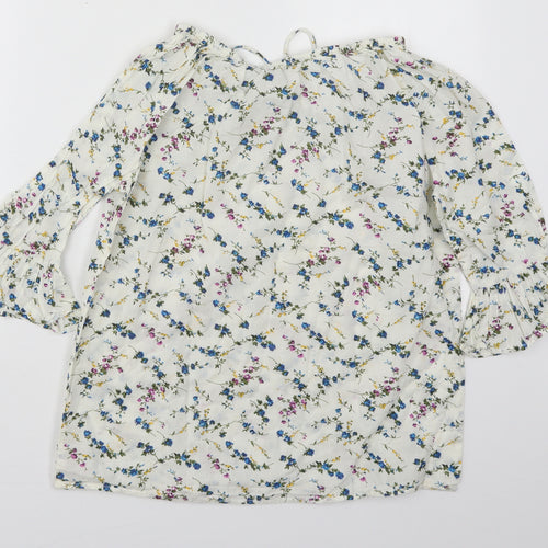 Fig Womens White Floral Cotton Basic Blouse Size S Boat Neck