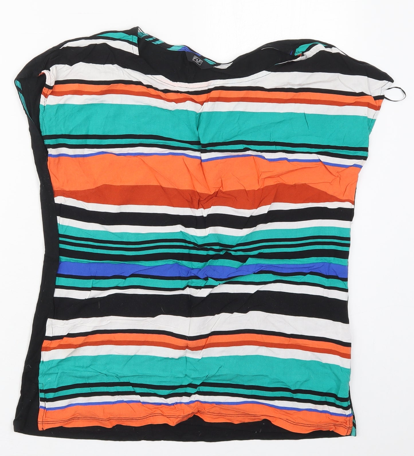 F&F Womens Black Striped Viscose Basic T-Shirt Size 14 Round Neck - Orange and Green