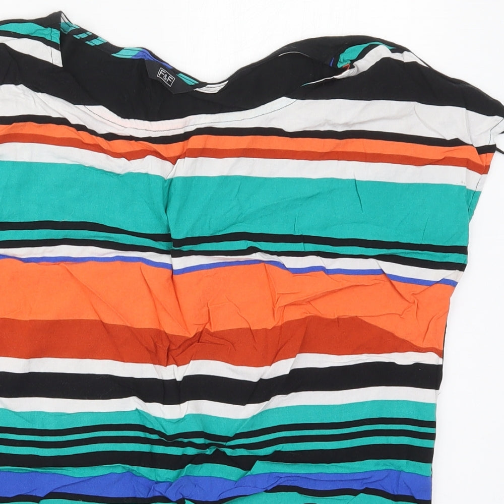 F&F Womens Black Striped Viscose Basic T-Shirt Size 14 Round Neck - Orange and Green