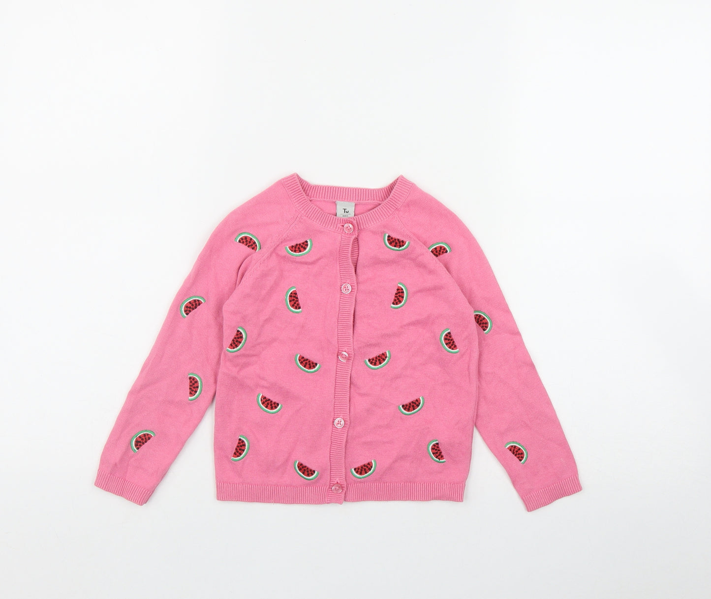 TU Girls Pink Round Neck Geometric Cotton Cardigan Jumper Size 2-3 Years  Button - Watermelon Print