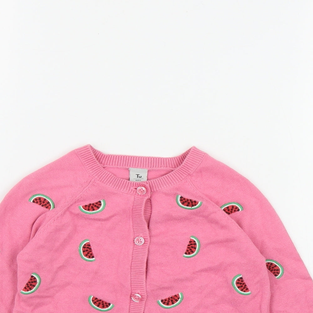 TU Girls Pink Round Neck Geometric Cotton Cardigan Jumper Size 2-3 Years  Button - Watermelon Print