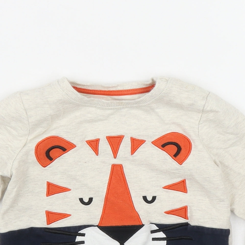 F&F Boys Beige  Cotton Pullover Jumper Size 12-18 Months  Snap - Tiger