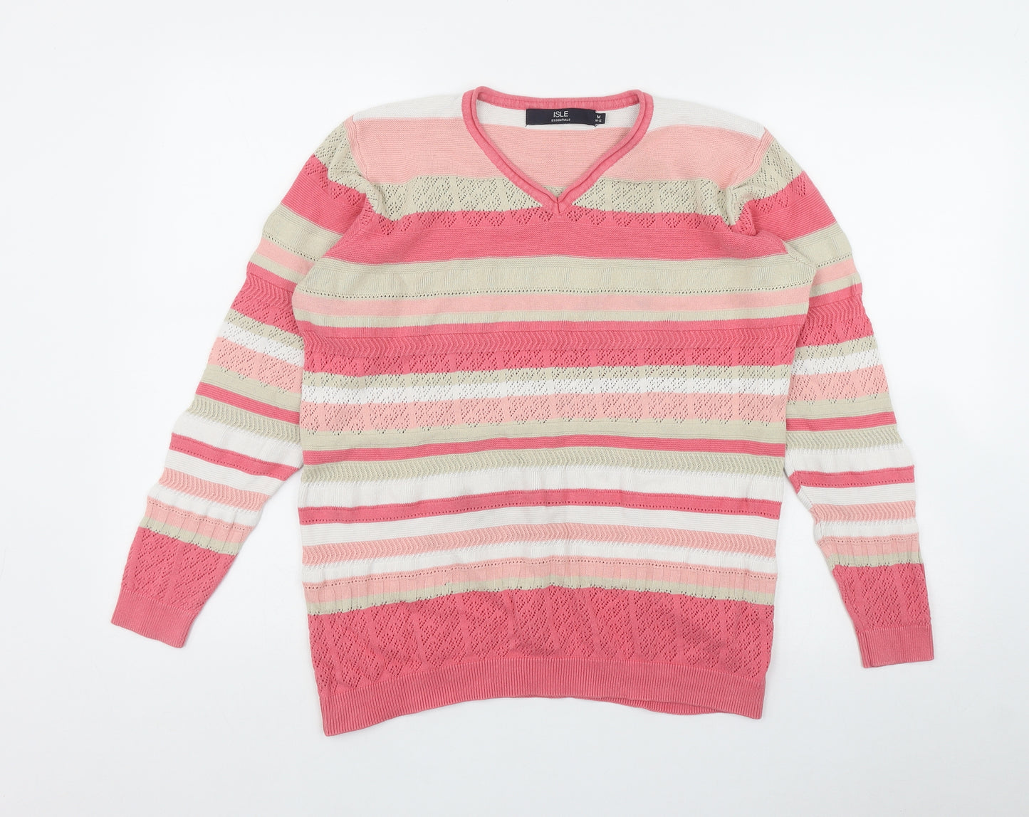 Isle Womens Pink V-Neck Striped Cotton Pullover Jumper Size M