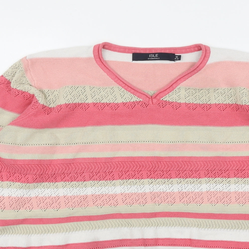 Isle Womens Pink V-Neck Striped Cotton Pullover Jumper Size M