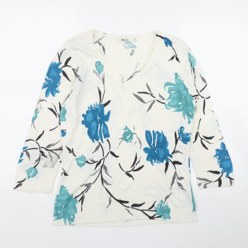 M&Co Womens White V-Neck Floral Acrylic Pullover Jumper Size S