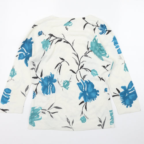 M&Co Womens White V-Neck Floral Acrylic Pullover Jumper Size S