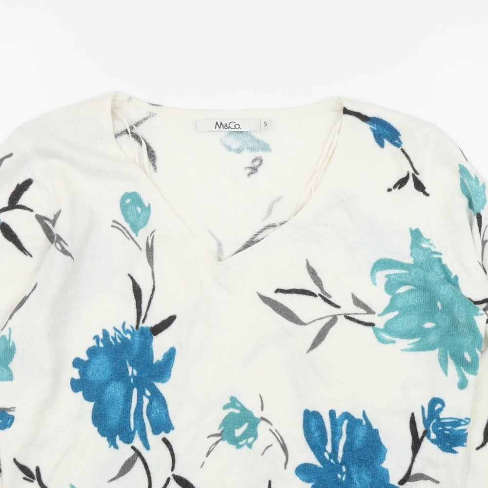 M&Co Womens White V-Neck Floral Acrylic Pullover Jumper Size S