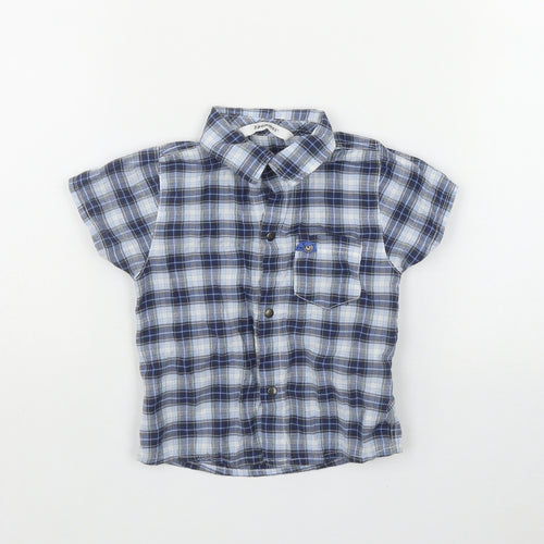3 Pommes Boys Blue Plaid Cotton Basic Button-Up Size 12 Months Collared Snap