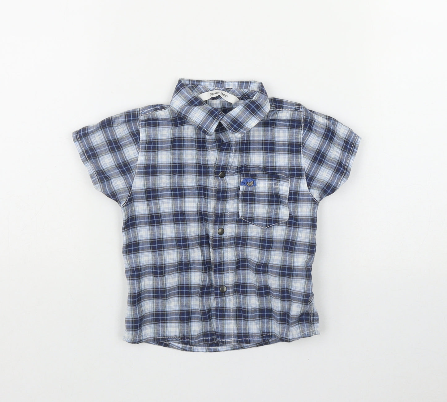 3 Pommes Boys Blue Plaid Cotton Basic Button-Up Size 12 Months Collared Snap