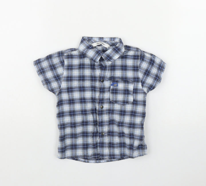 3 Pommes Boys Blue Plaid Cotton Basic Button-Up Size 12 Months Collared Snap