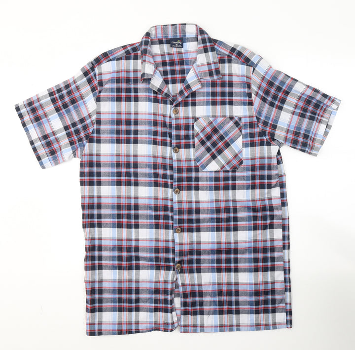 Malay Mens Blue Plaid Cotton Button-Up Size M Collared Button