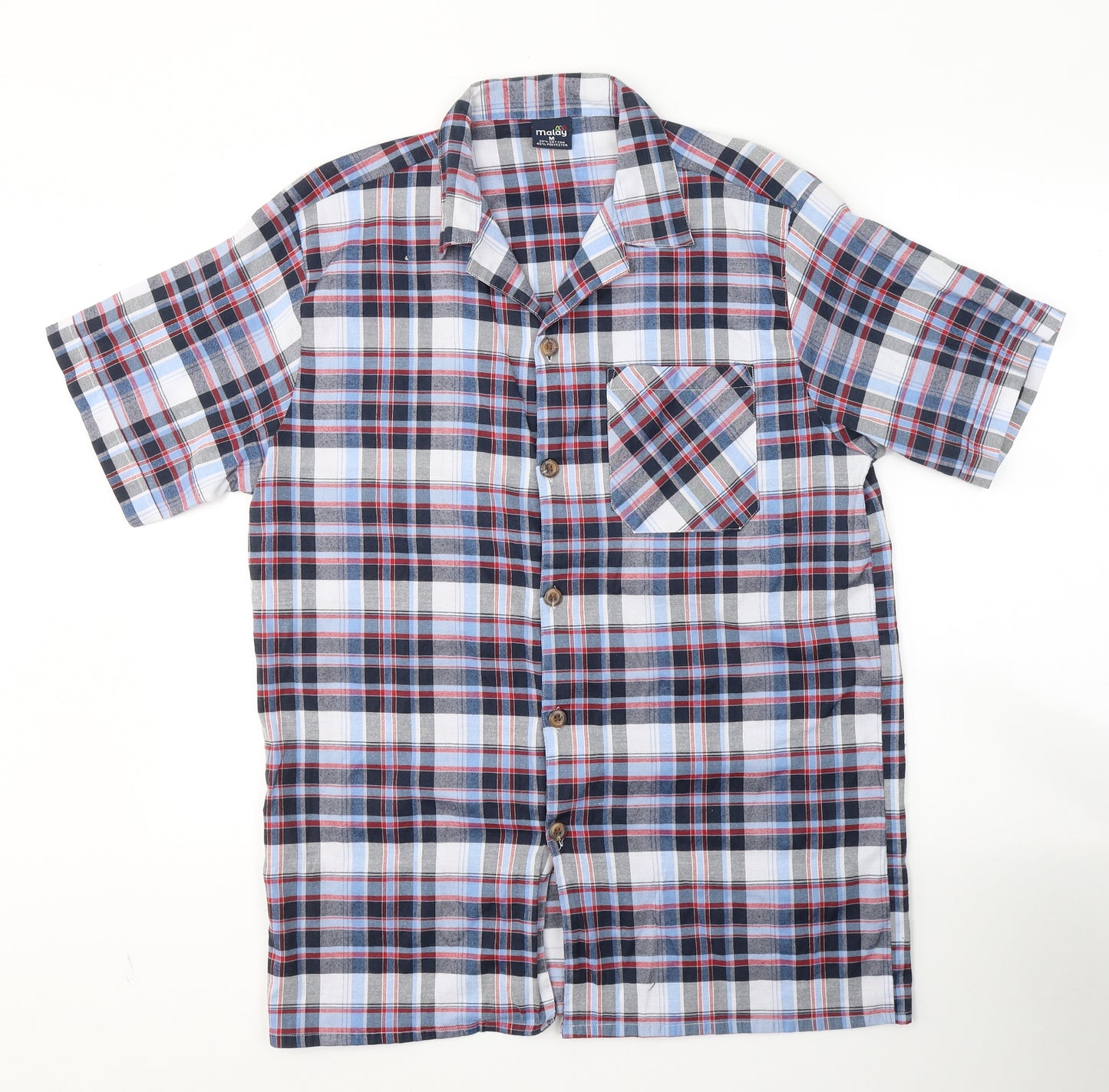 Malay Mens Blue Plaid Cotton  Button-Up Size M Collared Button
