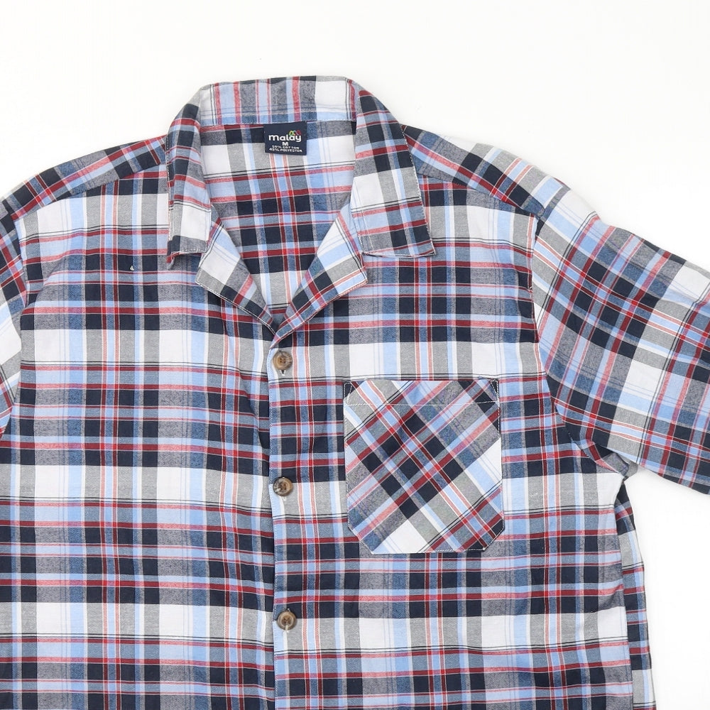Malay Mens Blue Plaid Cotton  Button-Up Size M Collared Button