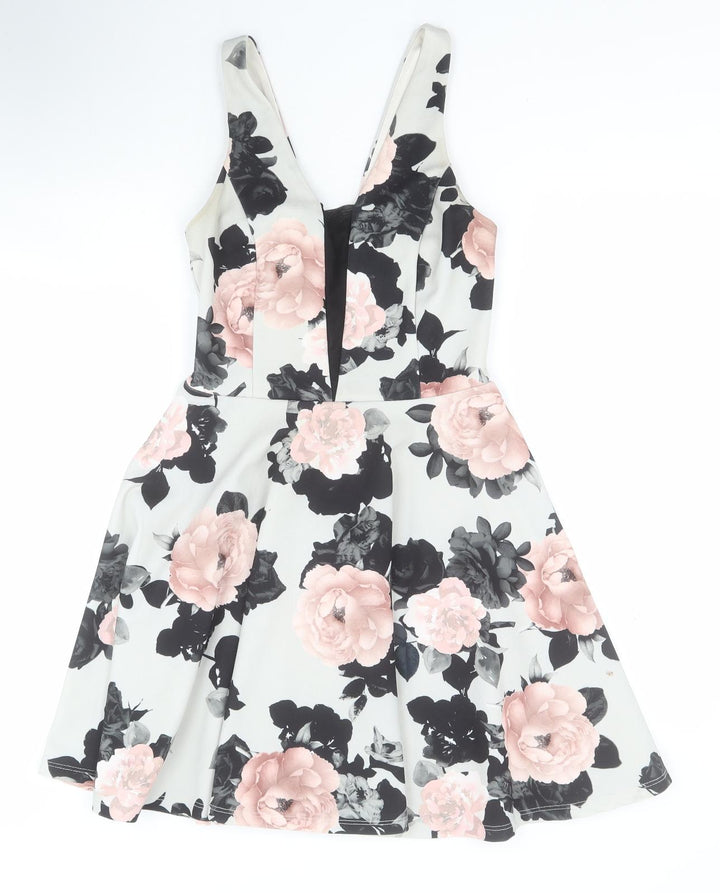 New Look Womens Grey Floral Polyester A-Line  Size 8  Sweetheart Zip