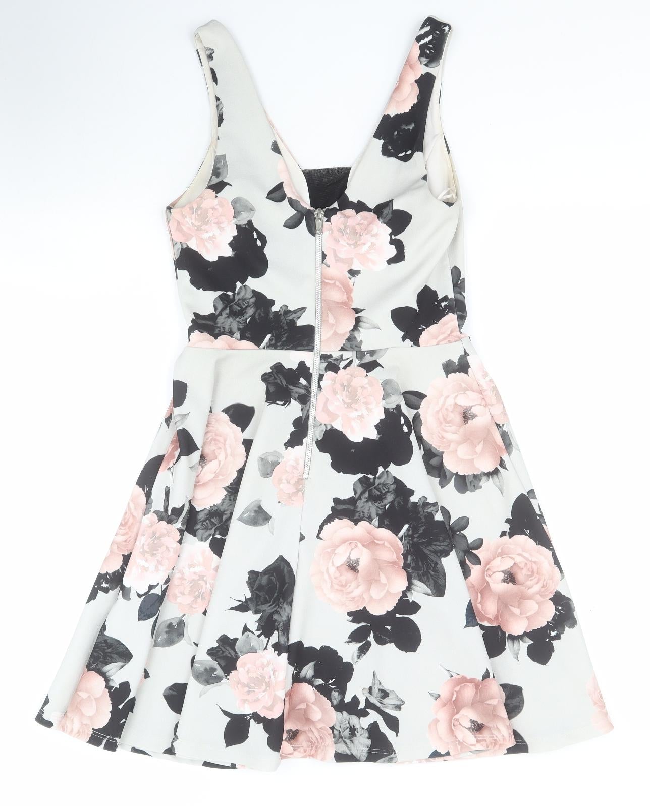 New Look Womens Grey Floral Polyester A-Line  Size 8  Sweetheart Zip