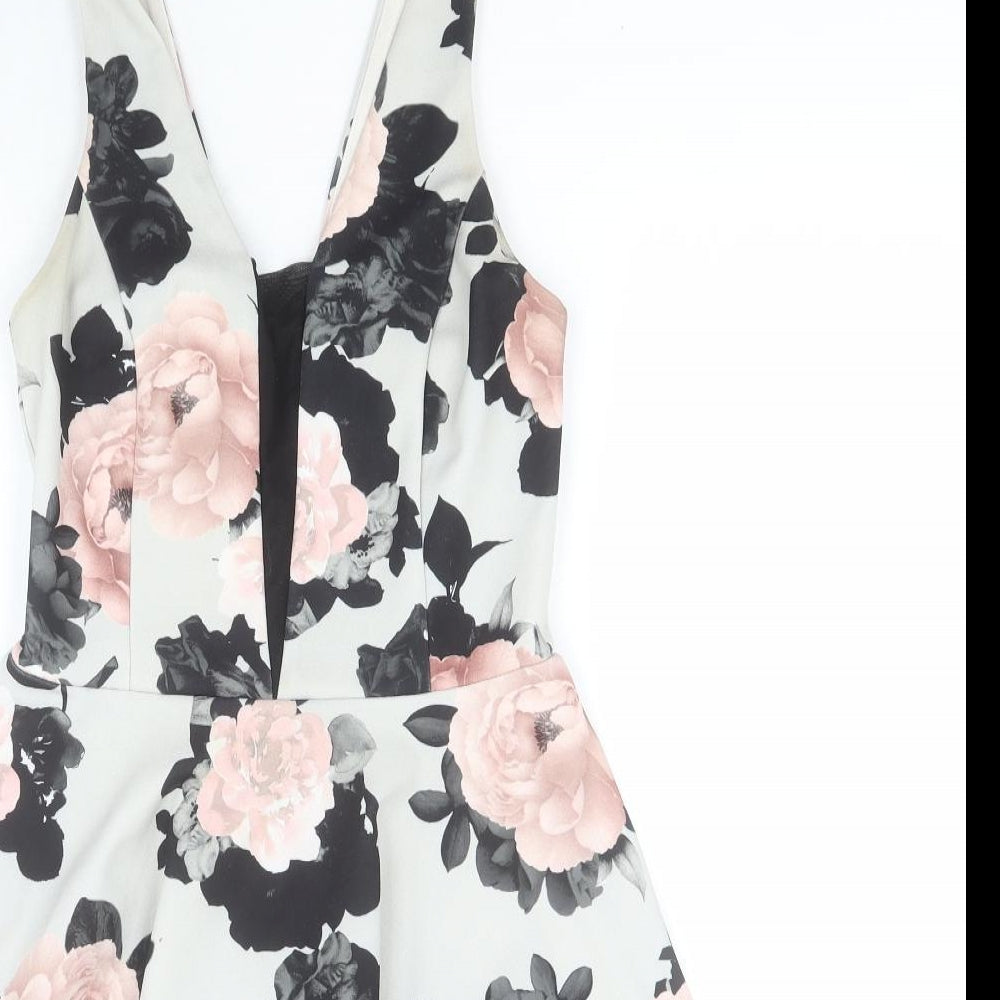 New Look Womens Grey Floral Polyester A-Line  Size 8  Sweetheart Zip