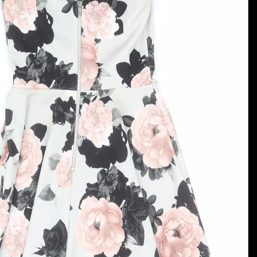 New Look Womens Grey Floral Polyester A-Line  Size 8  Sweetheart Zip
