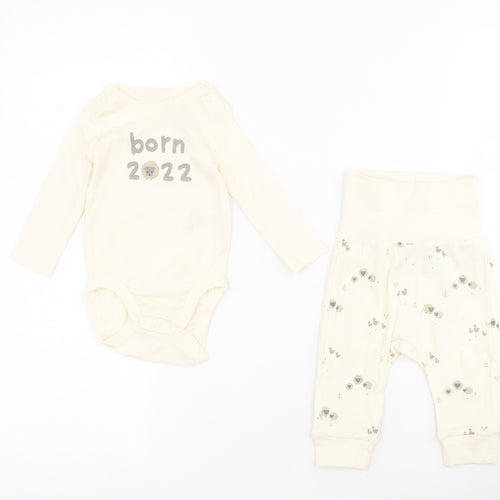 H&M Baby Beige  100% Cotton Dress Set Outfit/Set Size 0-3 Months  Snap - Sheep