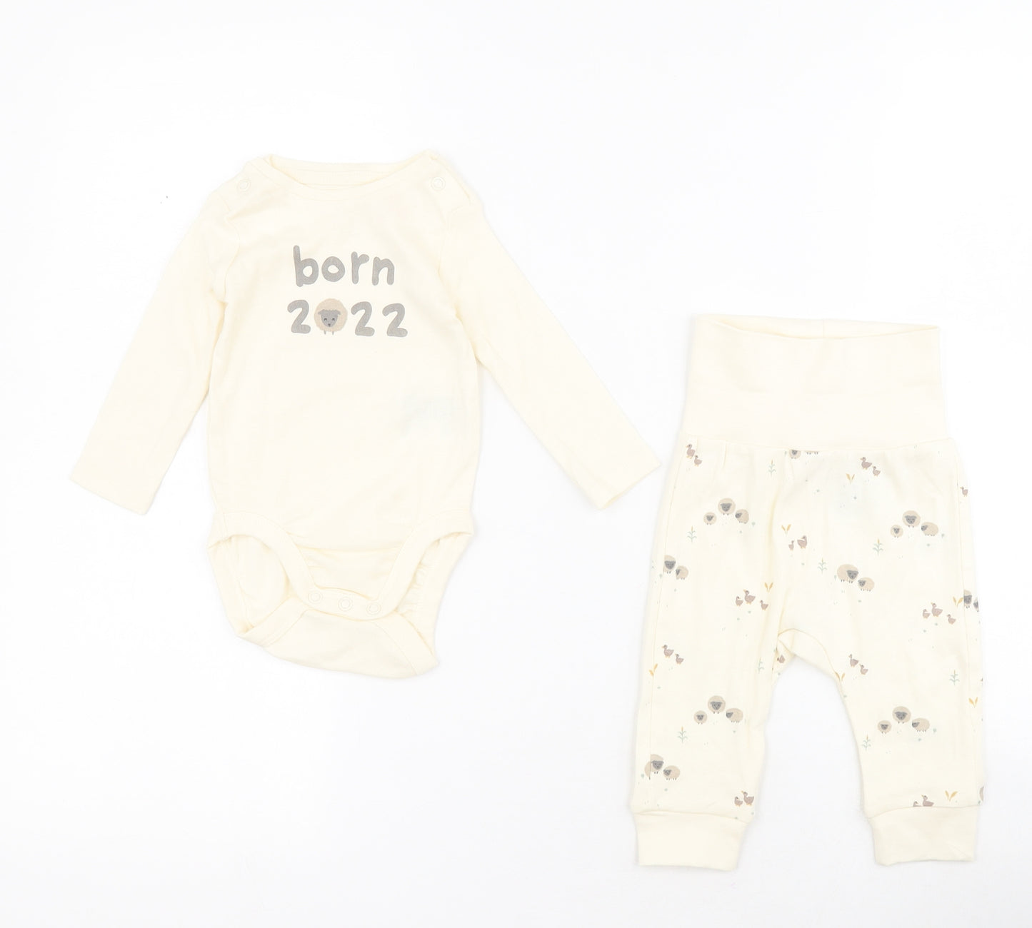 H&M Baby Beige  100% Cotton Dress Set Outfit/Set Size 0-3 Months  Snap - Sheep