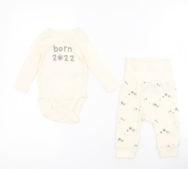 H&M Baby Beige 100% Cotton Dress Set Outfit/Set Size 0-3 Months Snap - Sheep