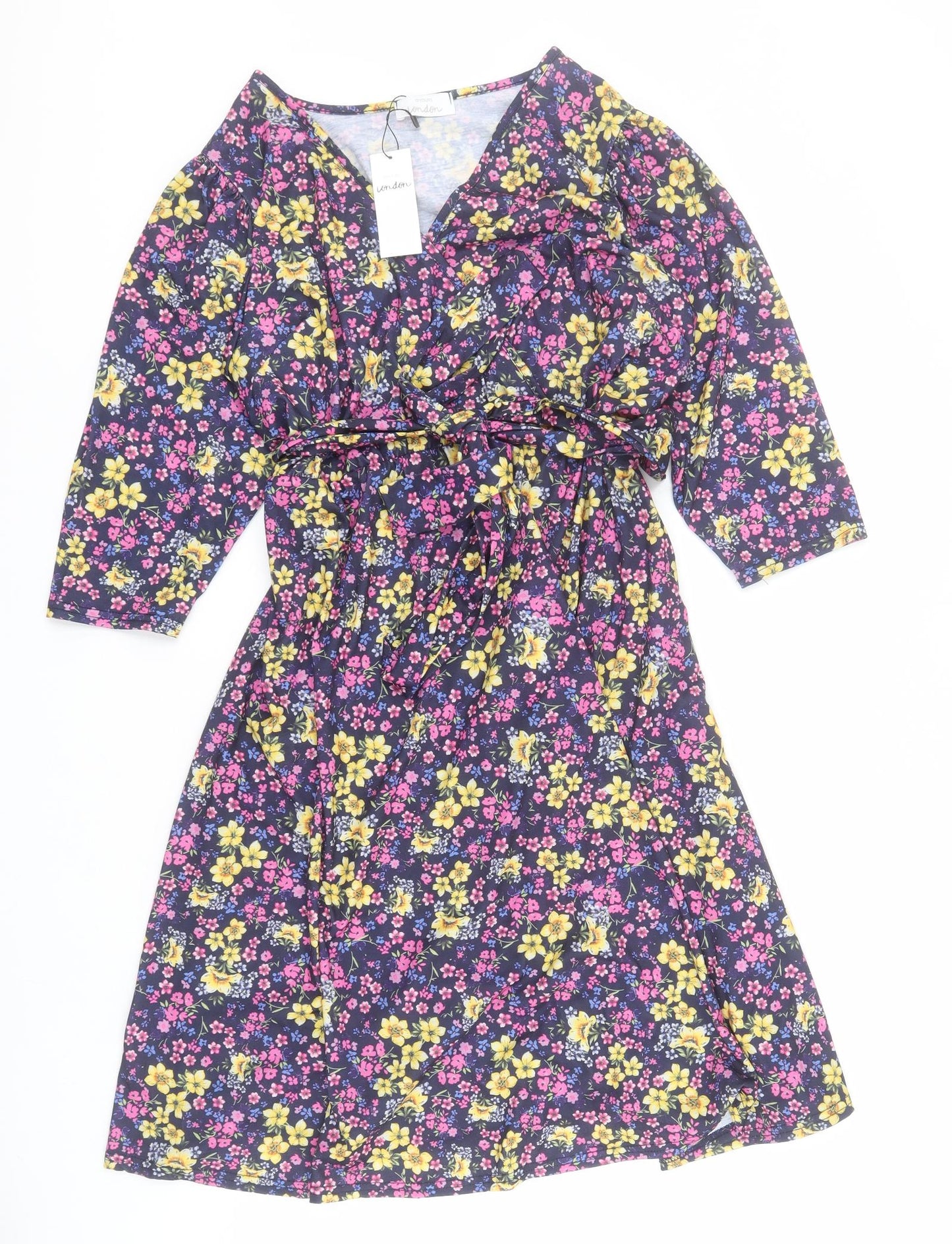 Yours London Womens Blue Floral Polyester A-Line  Size 18  V-Neck Tie