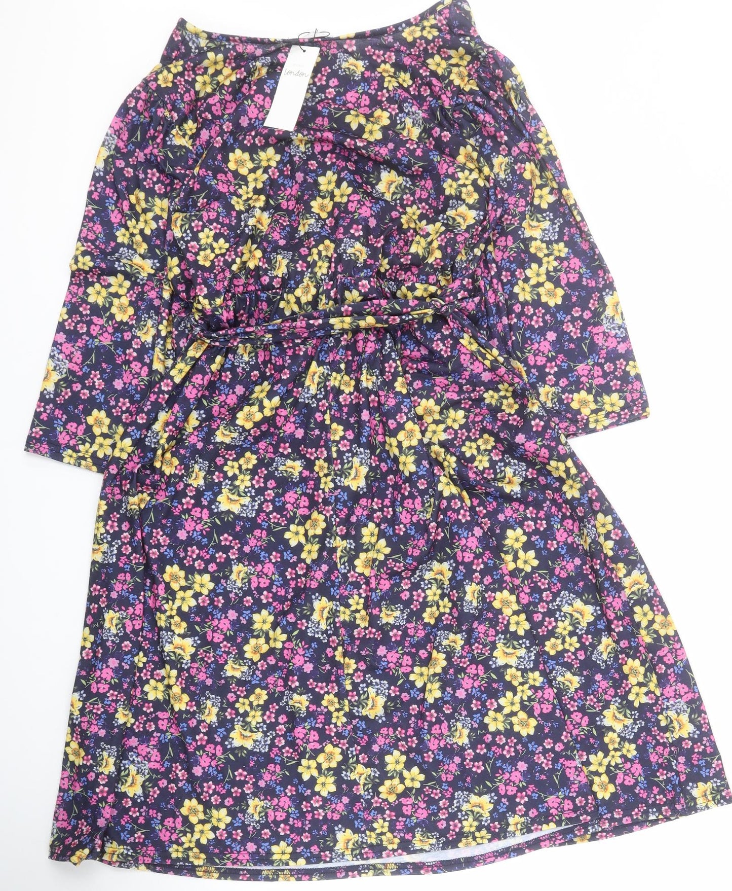 Yours London Womens Blue Floral Polyester A-Line  Size 18  V-Neck Tie