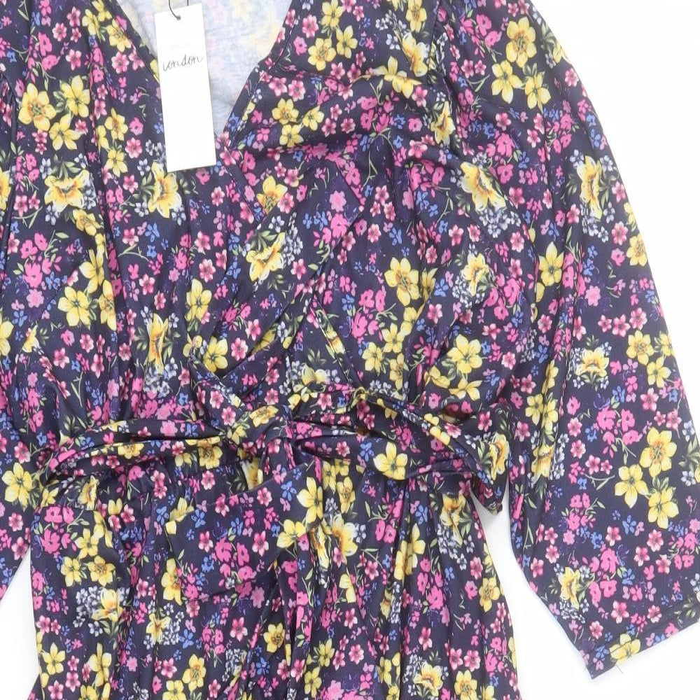 Yours London Womens Blue Floral Polyester A-Line  Size 18  V-Neck Tie