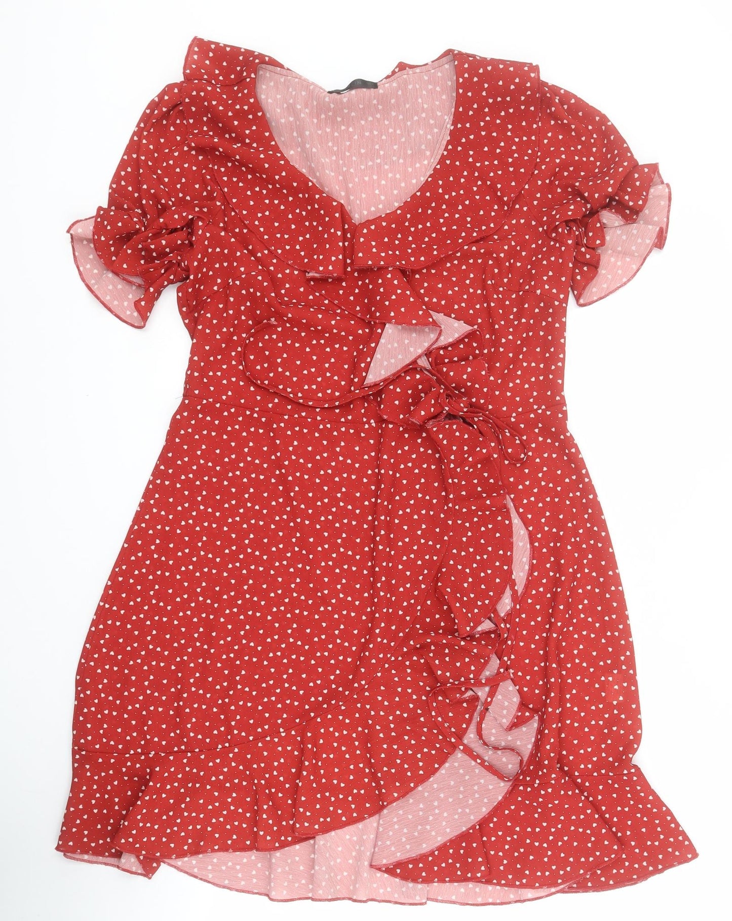 SheIn Womens Red  Polyester Wrap Dress  Size M  V-Neck Tie - Hearts