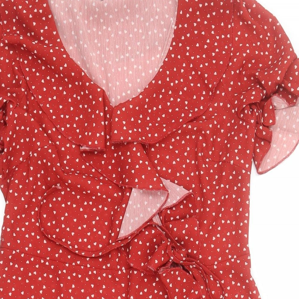 SheIn Womens Red  Polyester Wrap Dress  Size M  V-Neck Tie - Hearts