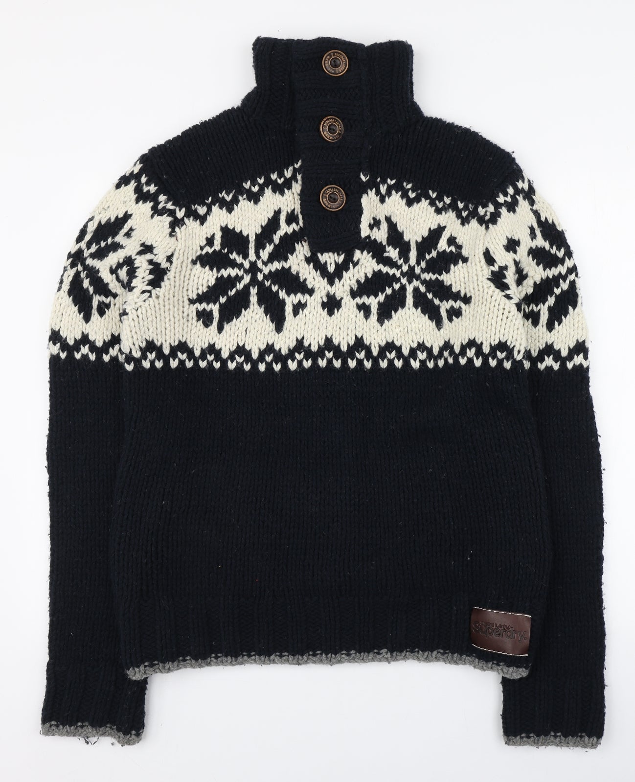 Superdry Mens Blue High Neck Fair Isle Wool Pullover Jumper Size XL