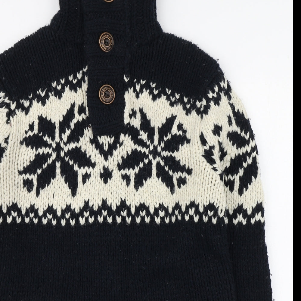 Superdry Mens Blue High Neck Fair Isle Wool Pullover Jumper Size XL