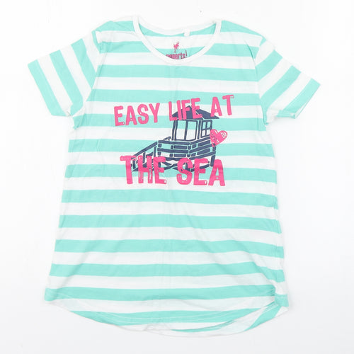 Pepperts Girls Green Striped 100% Cotton Basic T-Shirt Size 8 Years Round Neck Pullover - Sea Size 6-8