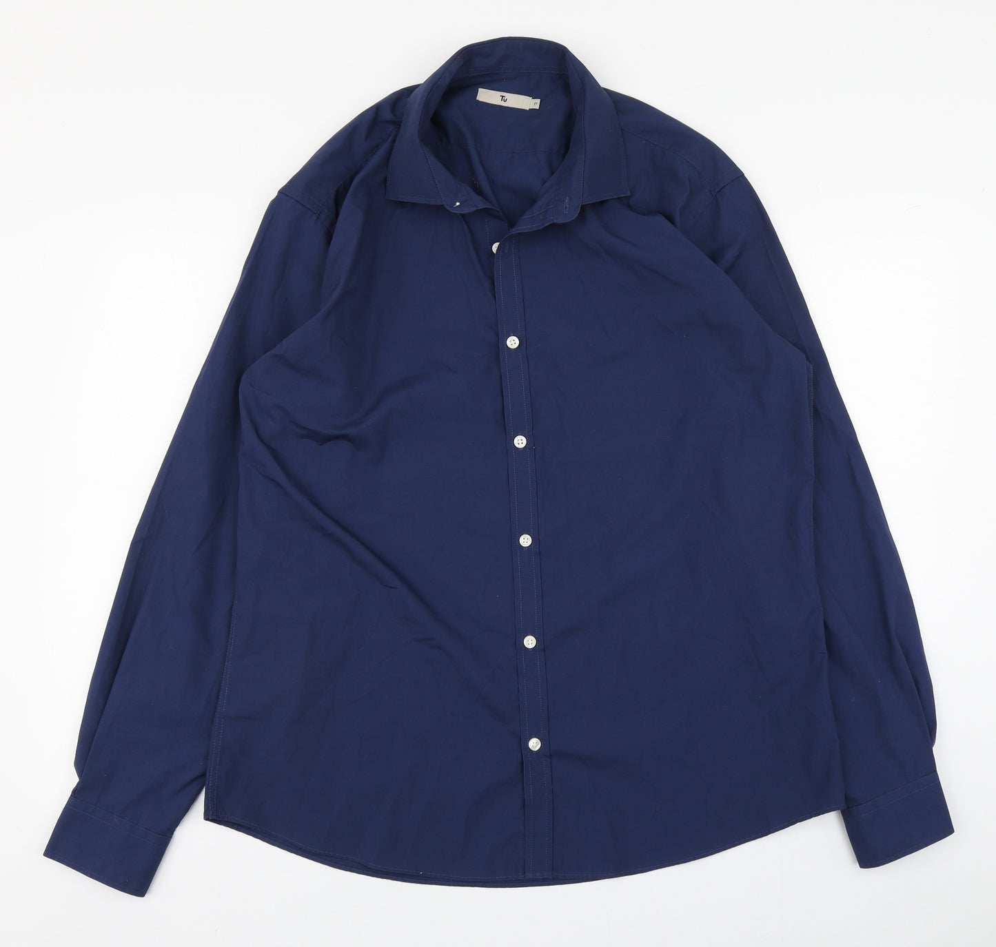 TU Mens Blue  Polyester  Dress Shirt Size 17 Collared Buckle