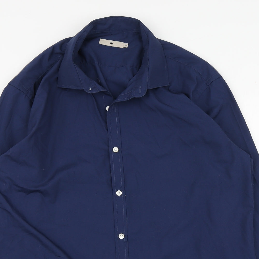 TU Mens Blue  Polyester  Dress Shirt Size 17 Collared Buckle