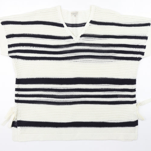 F&F Womens White V-Neck Striped Acrylic Pullover Jumper Size 16