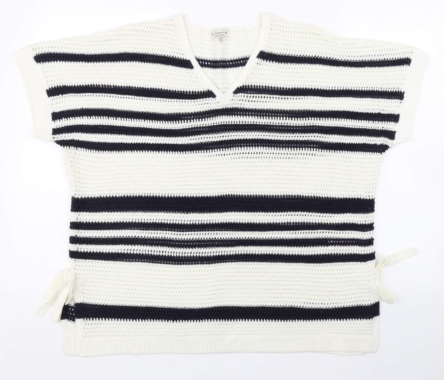 F&F Womens White V-Neck Striped Acrylic Pullover Jumper Size 16