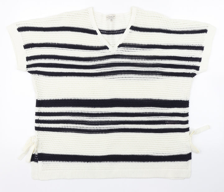 F&F Womens White V-Neck Striped Acrylic Pullover Jumper Size 16