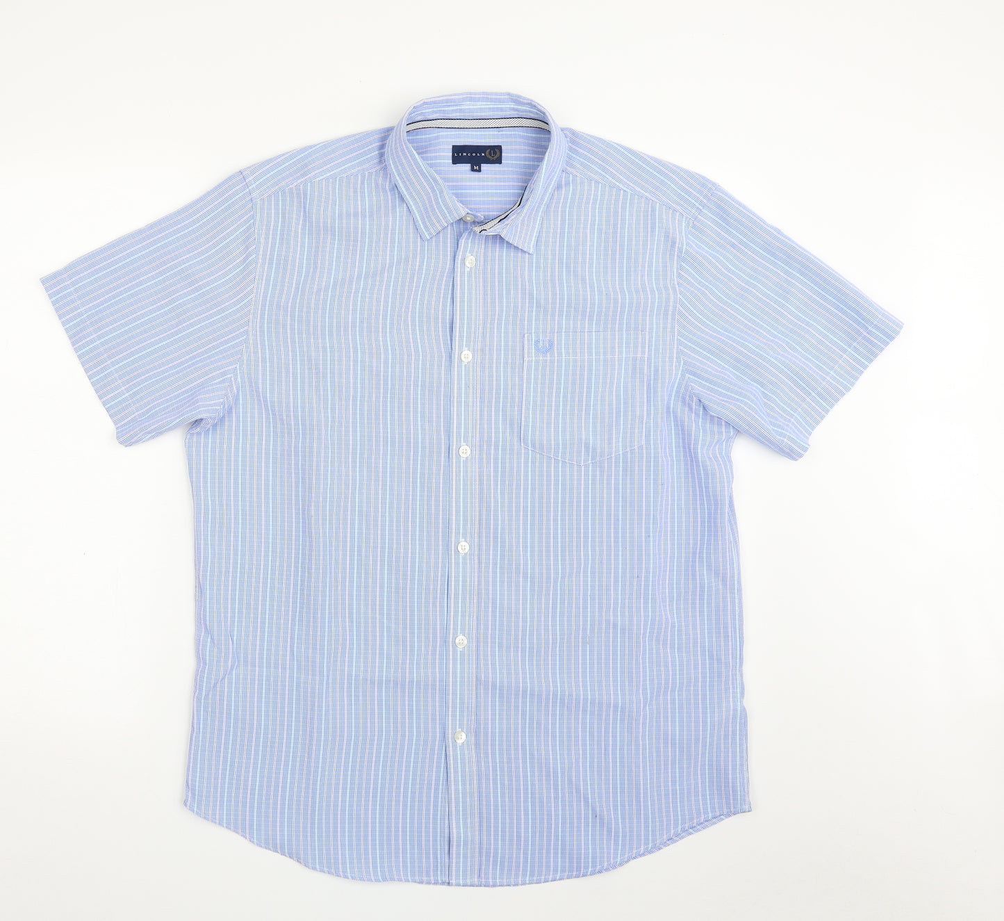 Lincoln Mens Blue Striped Polyester  Button-Up Size M Collared Button