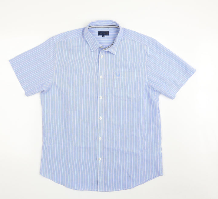 Lincoln Mens Blue Striped Polyester  Button-Up Size M Collared Button